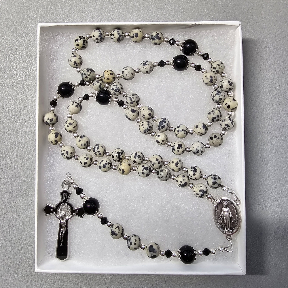Large One Of A Kind Hand Crafted Rosary Made With Dalmatian Jasper And Onyx